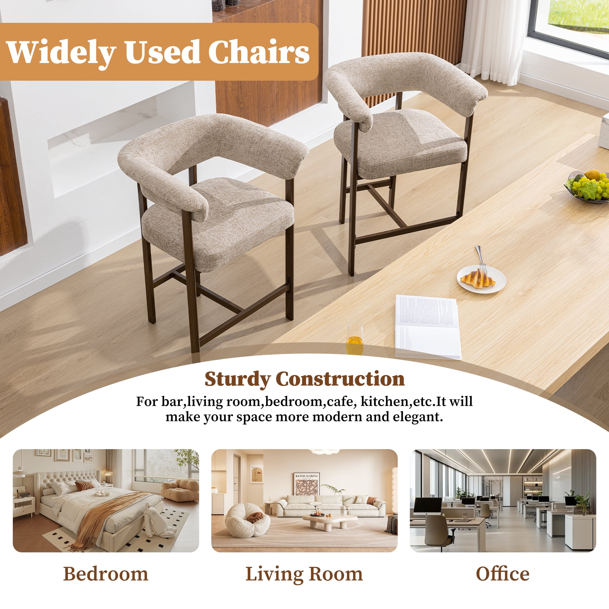 Primy Counter Height Bar Stool with Padded Arms, Modern Fabric Upholstered Dining Room Barstools Kitchen Island Armchair with Footrest+Curved Backrest