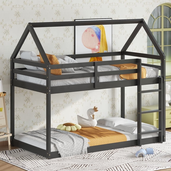 Leumius Twin over Twin Size Floor Bunk Bed with Ladder and Guardrails,House-Shaped-Bunk Bed for Boys Girls Black