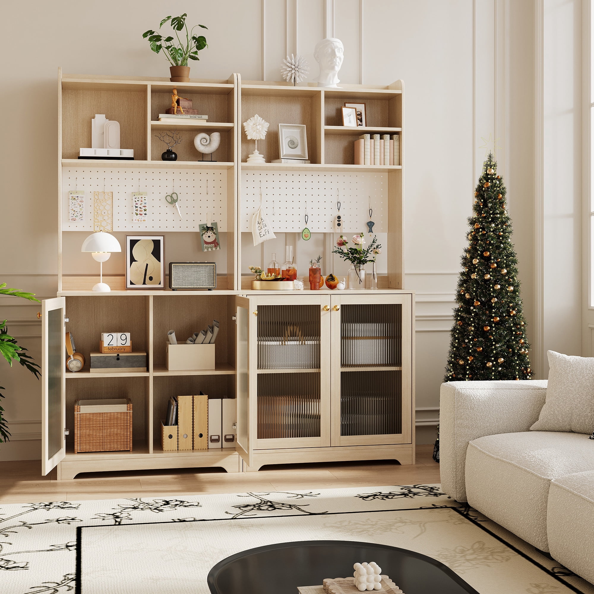 AOILE Tall Pantry Cabinet with Glass Doors & Shelves, Freestanding Kitchen Storage Organizer for Dining or Living Room