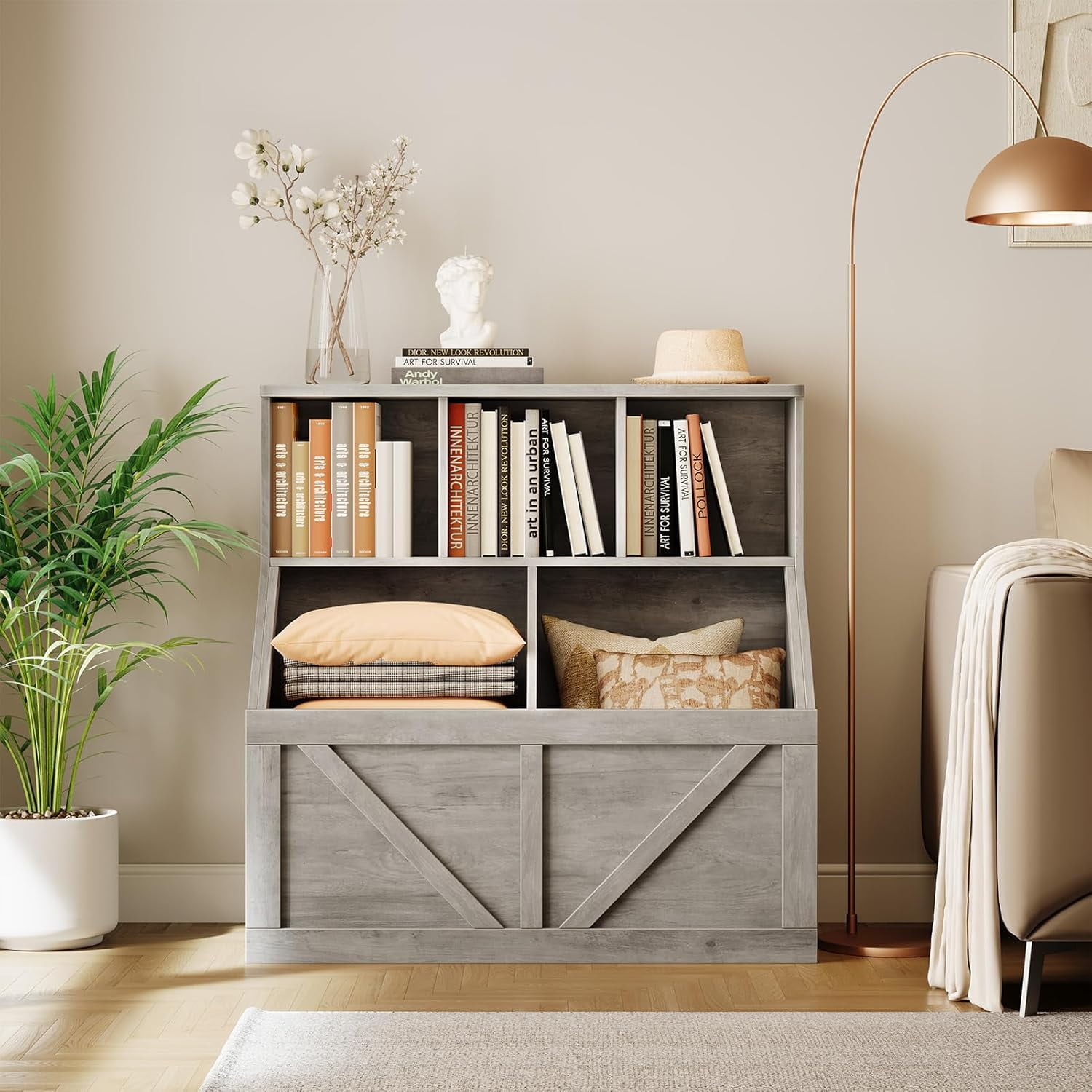 Toy Storage Organizer, Bookshelf and Toy Storage, Toddlers Bookshelf Toy Organizer for Rooms Playroom Bedroom Nursery Daycare, Washed Grey