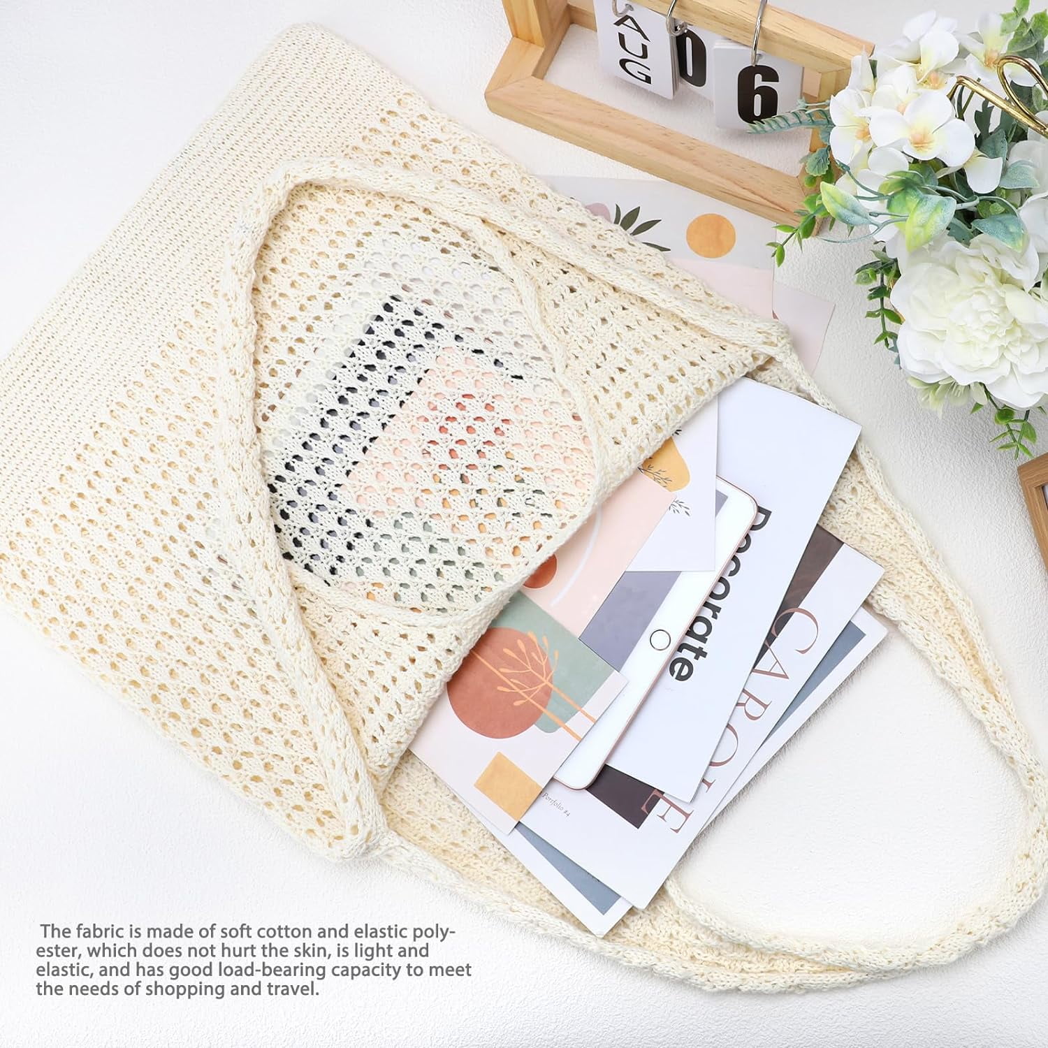 Gocvo Crochet Bag for Women, Crochet Tote Summer Bag Mesh Large Shoulder Bag (Beige 14 x 10 x 26.5in)