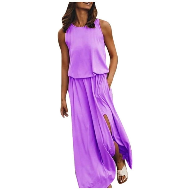 Vestido largo sin mangas con cuello redondo y abertura para mujer - Vestido de novia de playa fluido de color liso