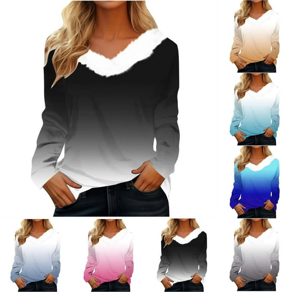 Elainilye Fashion Womens Long Sleeve Tops V-Neck Fur-Collar Blouse Causal Pullover Top Underscrubs Underwear,Blue