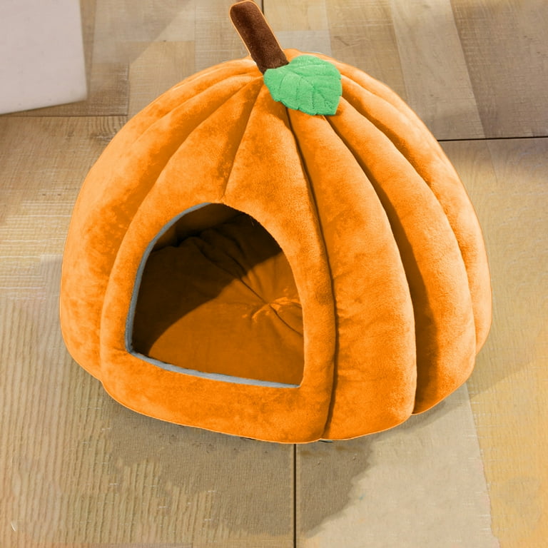 Cute Cat Bed for Indoor Cats Pumpkin Style Cat Cave Bed Pet Tent Cat House with Removable Cushion Pillow Soft Semi Closed Pumpkin Shape Pet Bed for