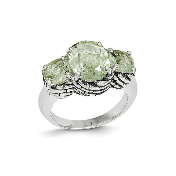 Green Amethyst Three Stone Ring 4.50 Carat (Ctw) in Sterling Silver