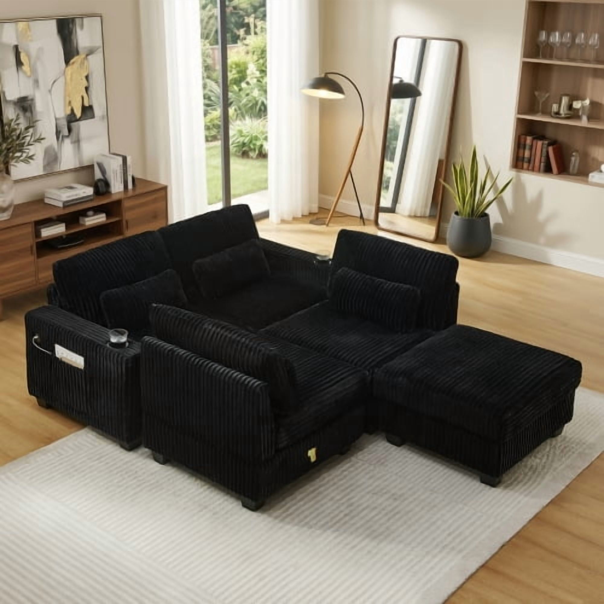 124.5" L-Shaped Corduroy Modular Sectional Sofa with Detachable Ottoman, Storage Armrests, Cup Holders & 4 Lumbar Pillows, Black