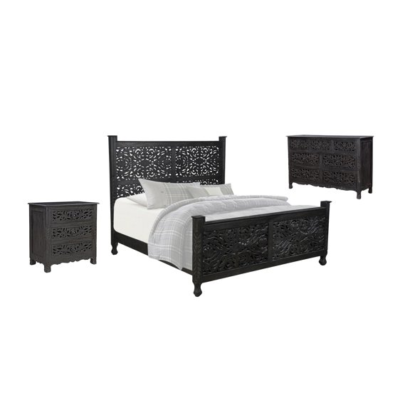 Taran Designs Monte 3-piece Floral Carved Solid Wood Bedroom Set in Black