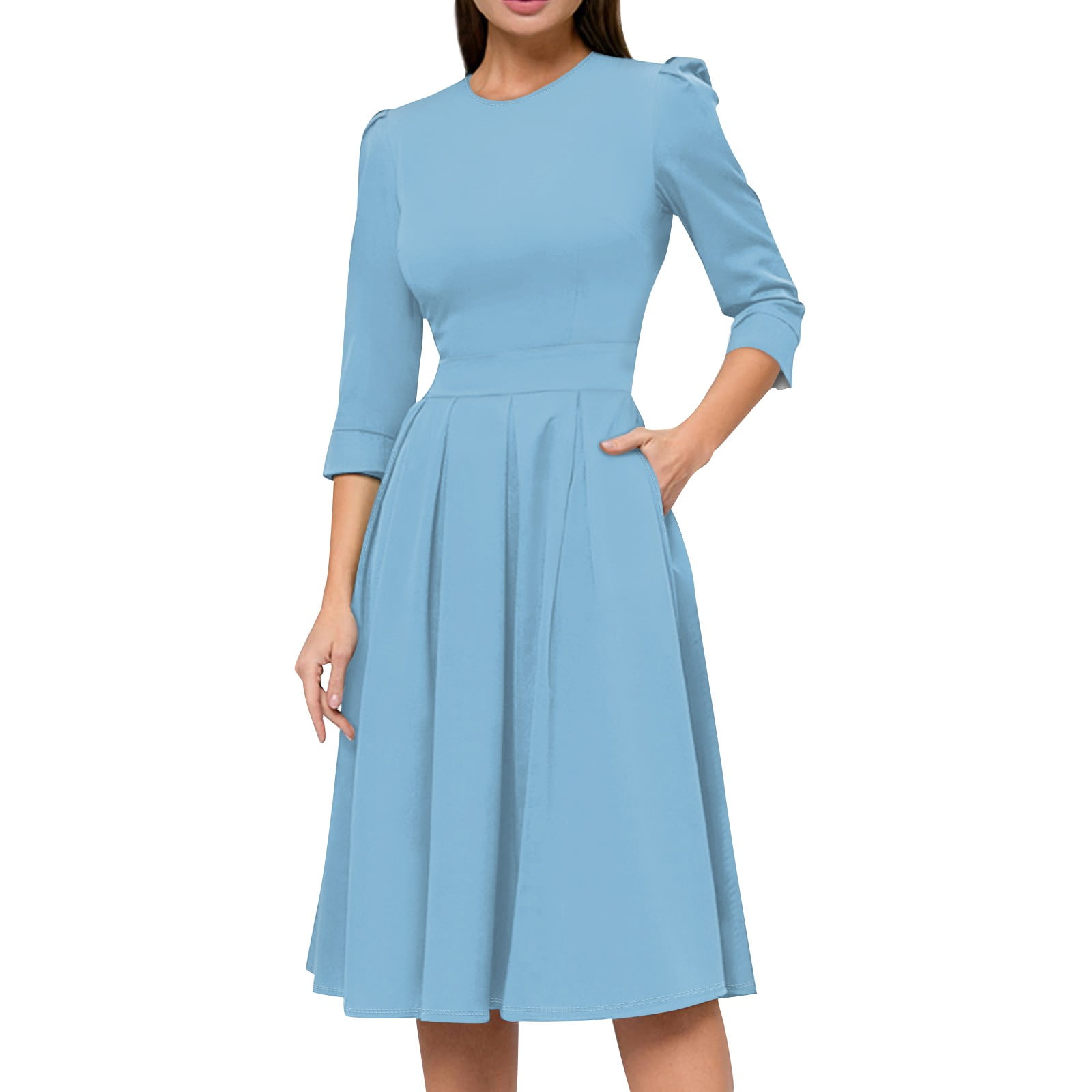 LISTHA Women's Fall 3/4 Sleeve Midi Dresses Casual Formal Church Wedding  Guest Work Clothes Light Blue M - Walmart.com