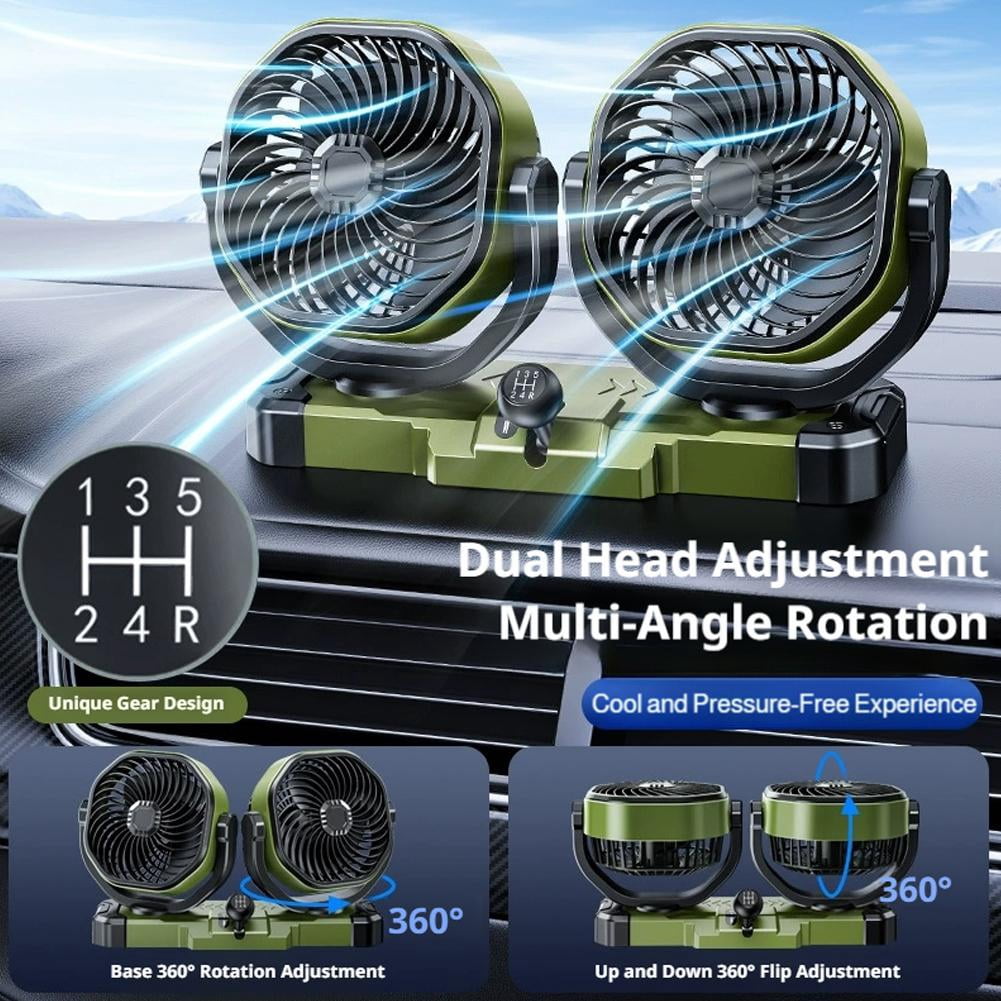 Car Fan Adjustable Dual Head, 360° Rotatable Car Clip Fan for Front/Rear Seat Passenger Car Essentials Cooler, Strong Wind Electric Air Circulation Fans for Car Truck SUV Van Boat - 5V