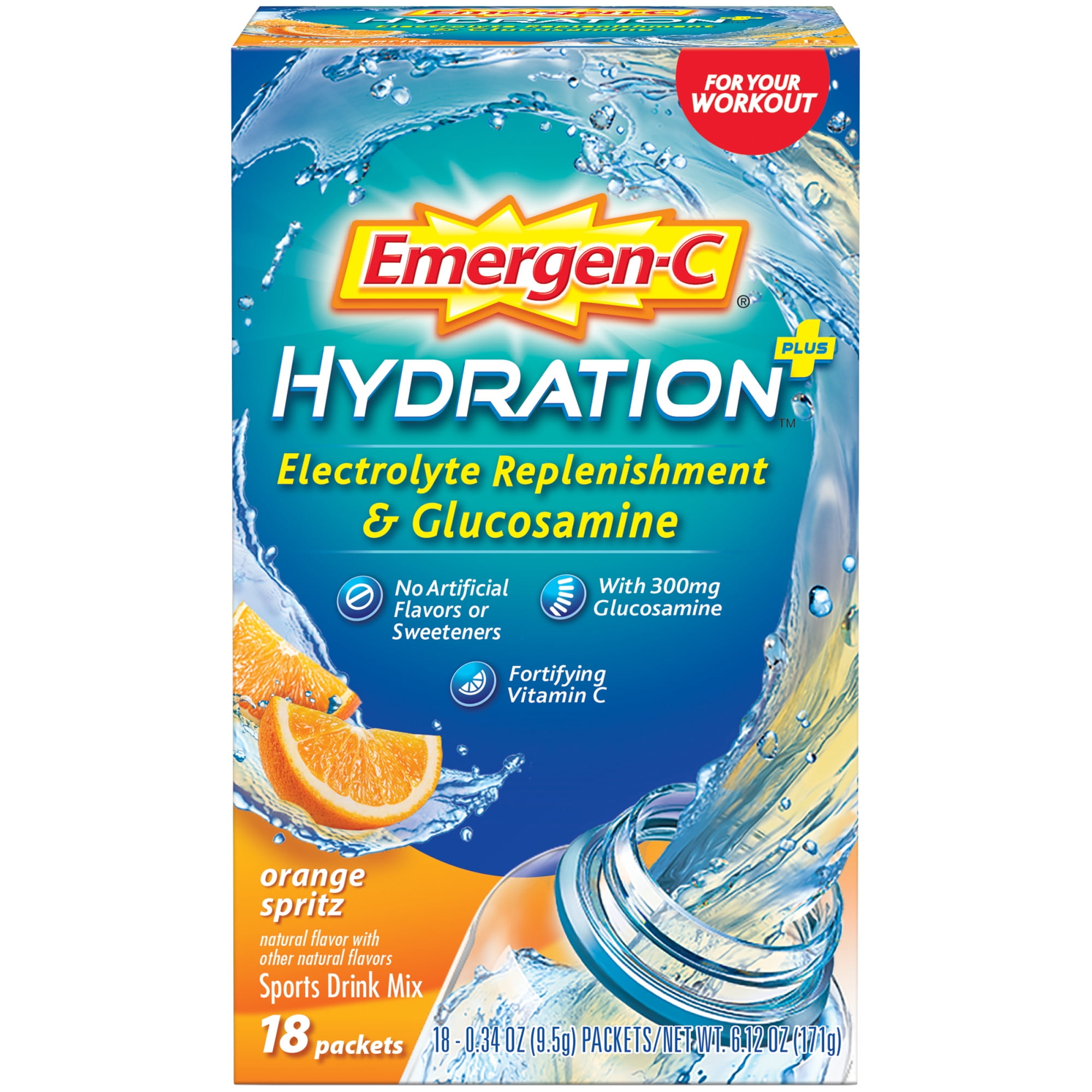 Emergen-C Hydration Plus Electrolyte Supplement Powder Mix, Orange Spritz, 18 Ct