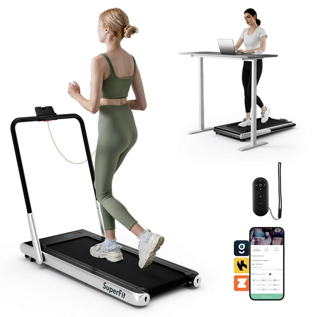 Superfit Tapis Roulant Pliant 3-en-1 avec Applications Intelligentes, Télécommande, Écran LED et Haut-Parleurs, Argent