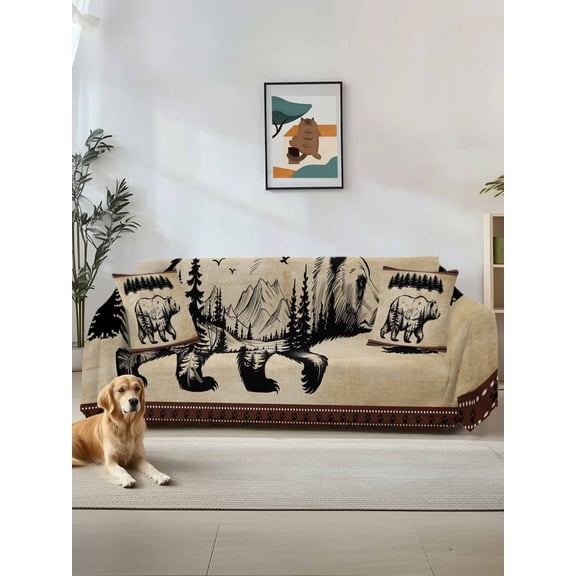 Brown Black Bear Sofa Covers for 2-3 Cushion Couch L-Shaped Sectional, Farmhouse Cabin Forest Vintage Washable Sofa Covers Slipcover for Living Room Furniture, Couch Cover Blanket 71"x134"