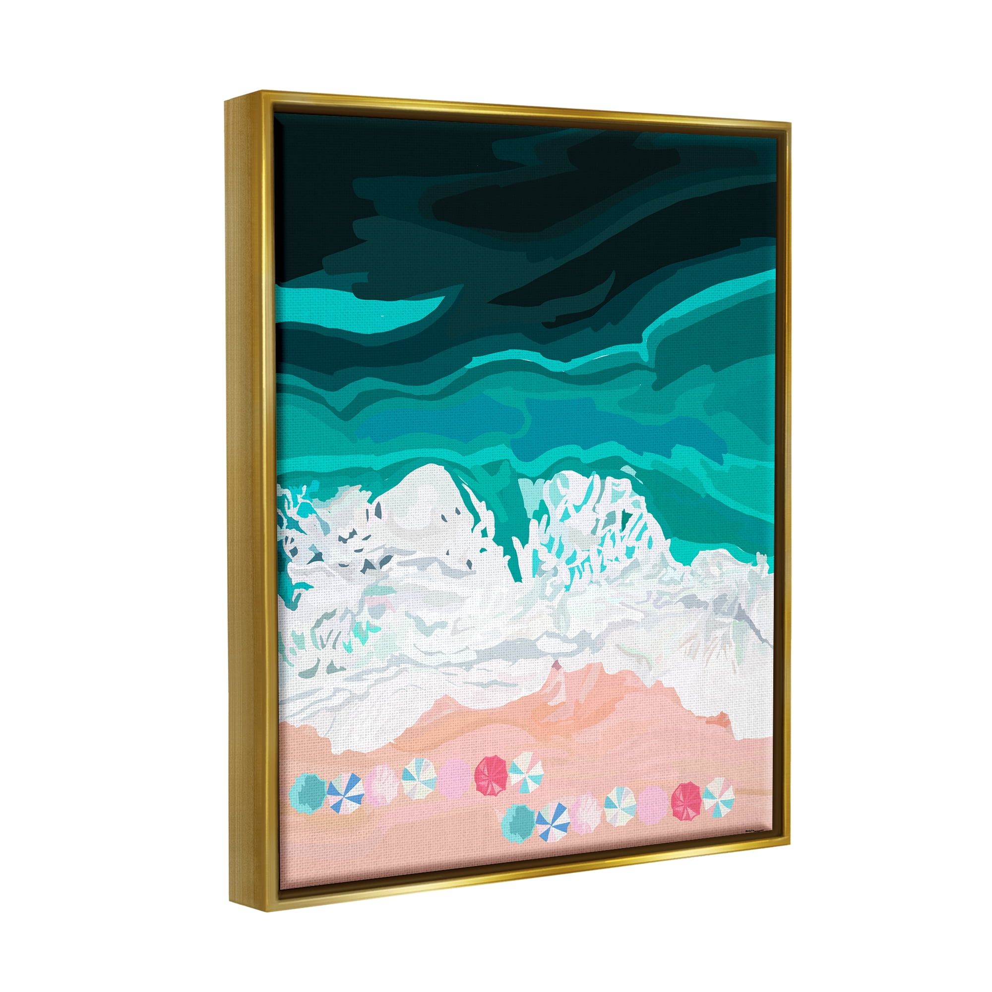 Stupell Industries Aerial View Beach Umbrellas Coastal Painting Gold Floater Framed Art Print Wall Art