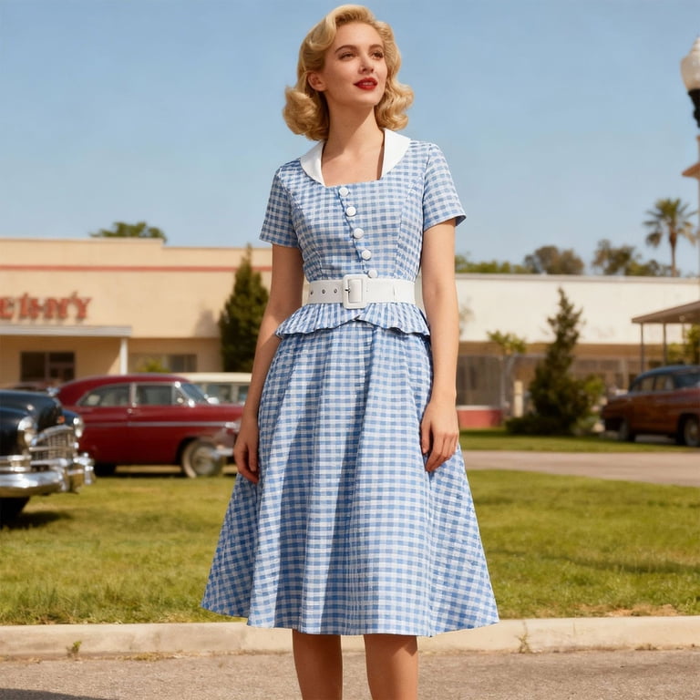 cute vintage dresses Telankuip Womens 1950s Short Sleeve Midi Collar Knee Length Retro Swing a Line Sundress Fashion Plaid Print Party Evening Prom Dress with Waistband Blue L A Blue Bodycon Dress pink homecoming keeping the surface clean Color:Red Posey Princess dress