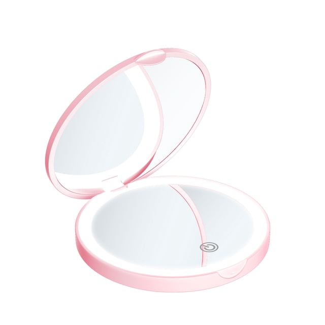 Espejo de maquillaje compacto con luz LED, espejo de aumento de viaje recargable, espejo de bolso de mano, aumento de 1X/2X