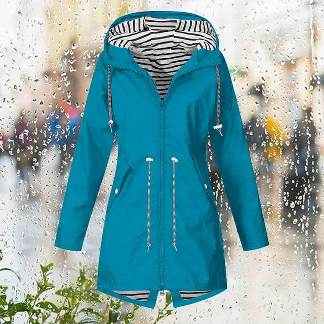 Aqestyerly Women Rain Jacket Hooded Coat Windproof Outdoor Loose Fit Lightweight Solid Color Jacket With Pocket HWRETIE