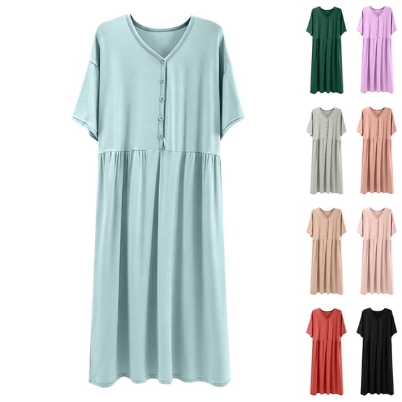 Bixock Women Plus Size Nightgowns Loungewear Nightshirts Sleep Dress Short Sleeve Button Placket Loose Solid Color Indoor Home Homewear Sleepwear Women Clothings