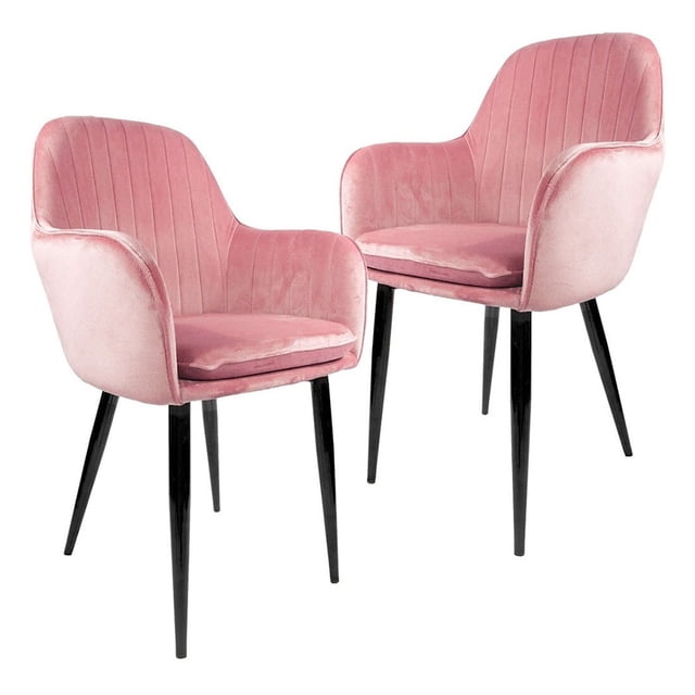 set 2 sillones eames tapizados vintage rack & pack silla sala brazos rosa terciopelo. Par de sillones Eames estilo vintage en terciopelo rosa con cojines removibles, base de plástico y patas metálicas negras visibles en vista frontal 3/4; pensados para uso interior en sala, oficina o negocio y adecuados también como asientos en áreas de espera pequeñas.