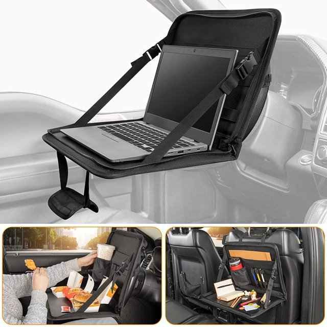 Bandeja para comer en el volante 3 en 1 (16,34 x 11,8 pulgadas), escritorio para computadora portátil en el asiento trasero del automóvil, bolso de oficina multifuncional para el automóvil, mesa de tr