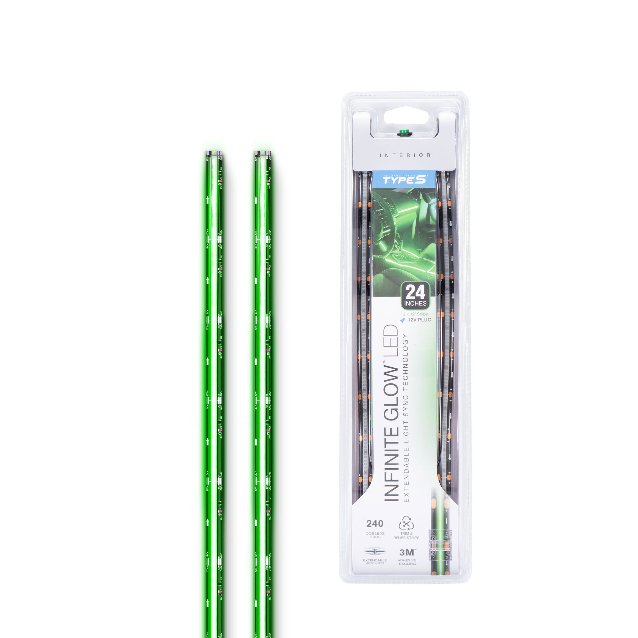 (2 pack) TYPE S - Infinite Glow Green LED Ambient Lighting - Car LED Strip Lights, Light Sync Technology, 3M Adhesive, Trimmable, 12V, 2 x 12" Green Strips, 24 inches