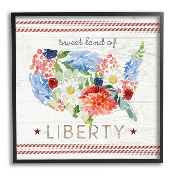 Stupell Sweet Land Of Liberty Floral USA Holiday Painting Black Framed Art Print Wall Art