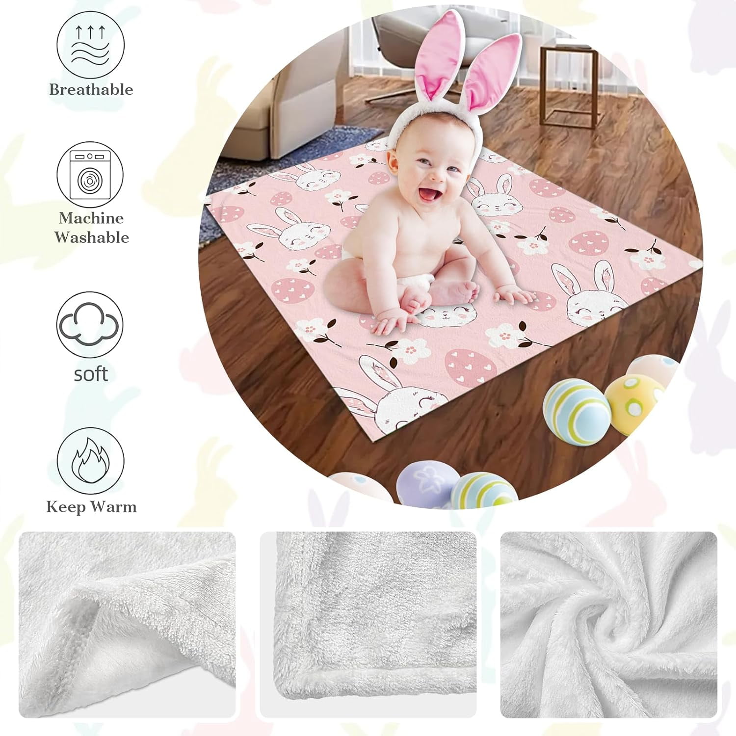Luxury Plush Easter Blanket Cute Smiling Bunny Easter Egg Flower Pink Throw Blanket for Couch,Lightweight Soft and Warm Throws Blankets for Sofa Bed Living Room in Spring 50"X60"