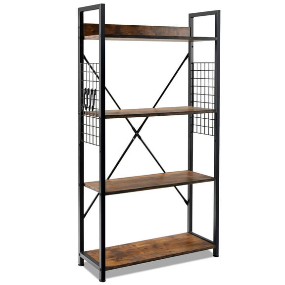 Giantex 4 Tier Bookshelf, Industrial Open Bookcase w/Non-Toppling Device & S-Shaped Hooks, Wood Look Display Shelf Plant Flower Stand for Home Office