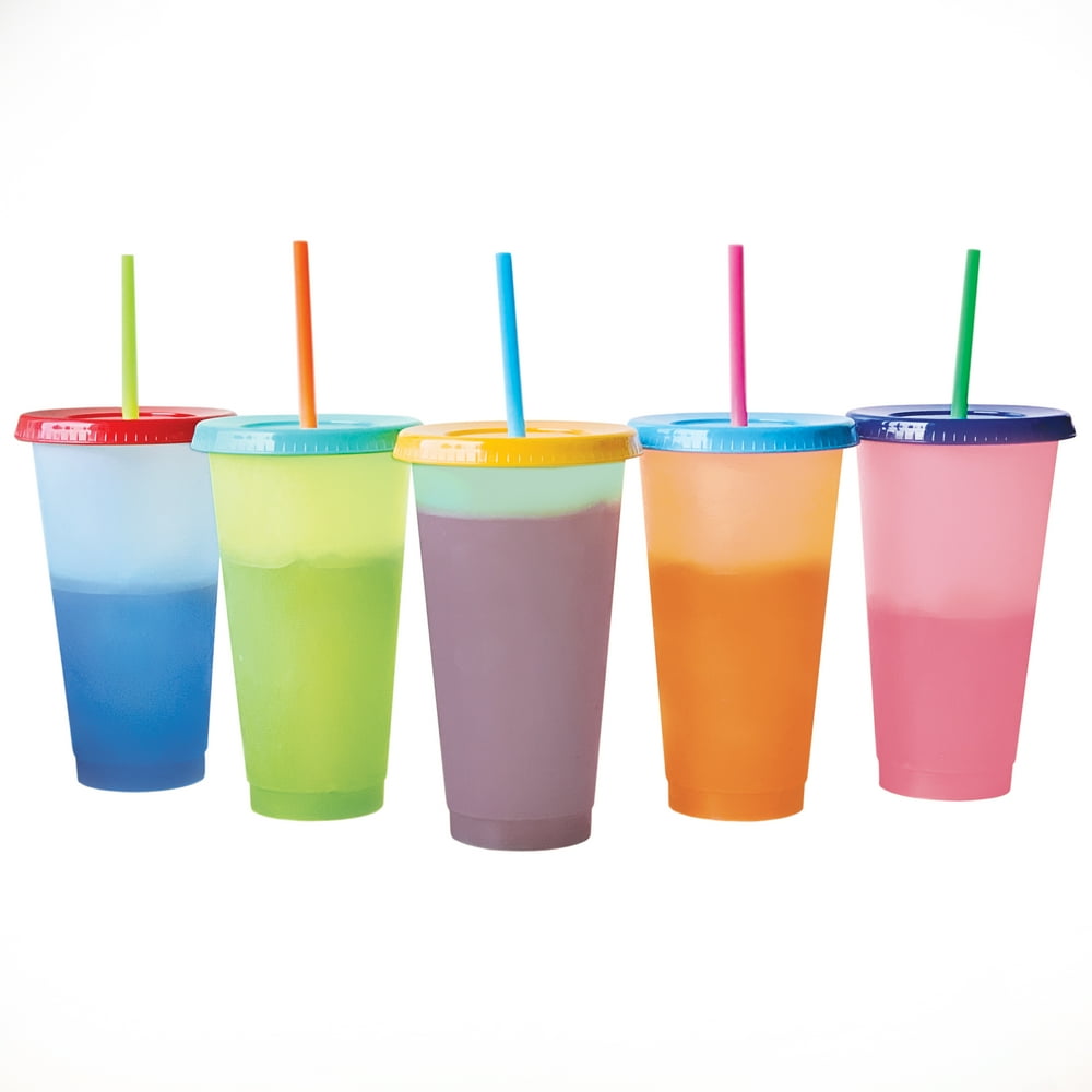 Color Changing Cold Drink Cups 24oz Blank Cold Cups 5 Reusable Cups, Lids and Straws Summer