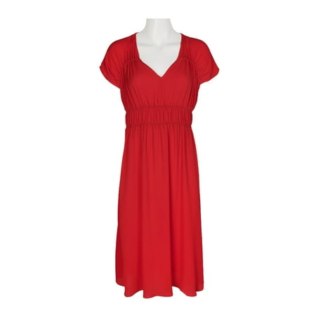 

London Times V-Neck Cap Sleeve Ruched Bodice Solid Catalina Crepe Dress-RED