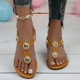 thumbnail image 6 of hoksml Women's Oval Gem T-Strap Flat Sandals, Elastic Ankle Strap, Boho Beach Shoes, 6 of 8