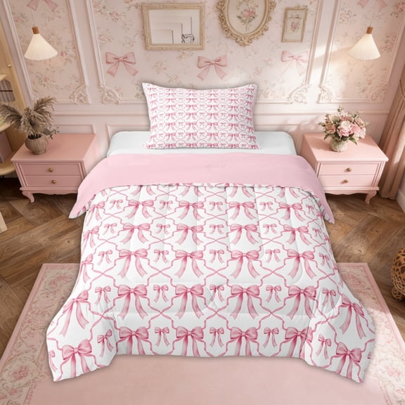Cute Bow Bedding Set Pink Kawaii Bowknot Twin Comforter Set Watercolor Bow Tie Patchwork Pink White Down Comforter Geometric Check Bow Bed Set