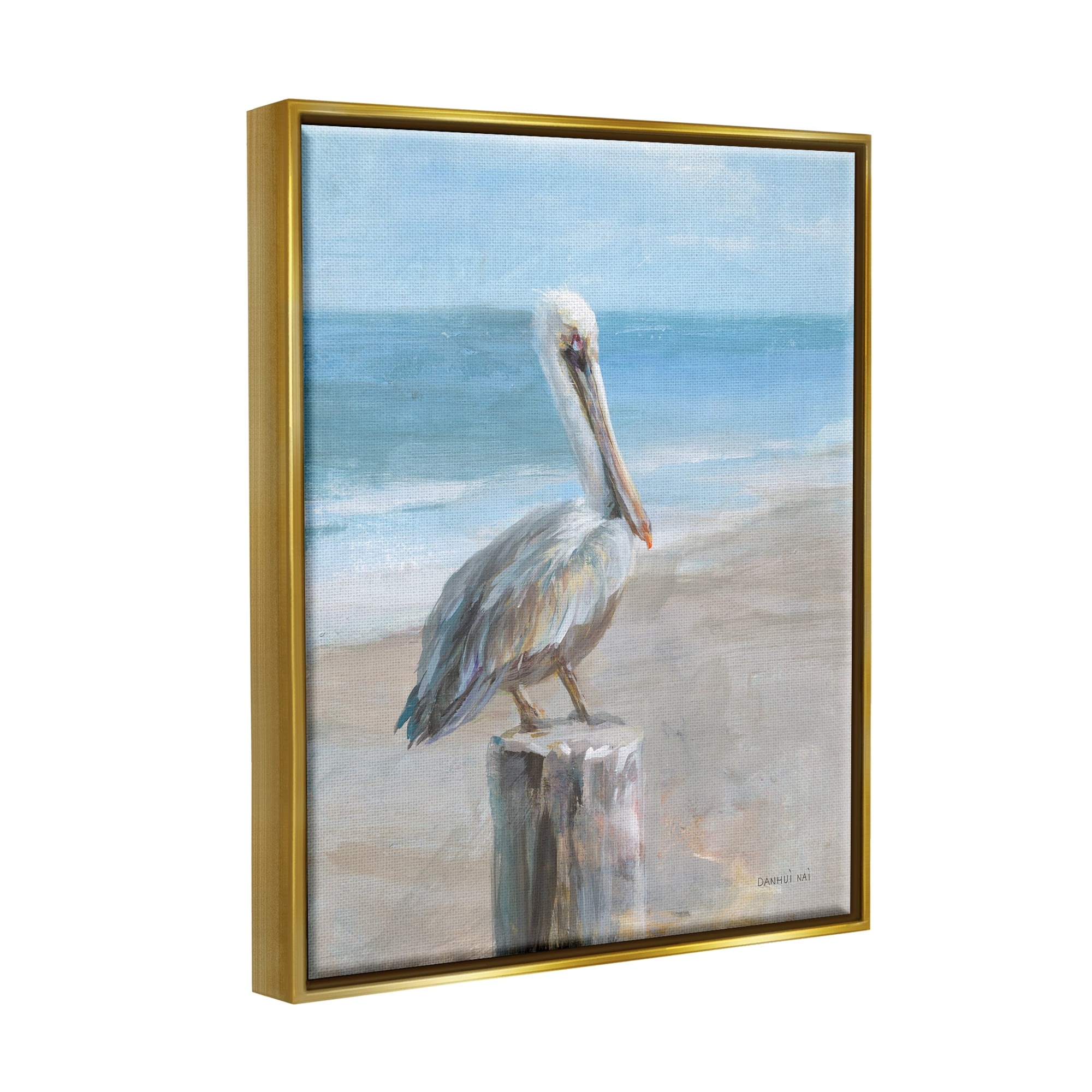 Stupell Industries Pelican Perched on Coast Animals & Insects Painting Gold Floater Framed Art Print Wall Art, 17 x 21