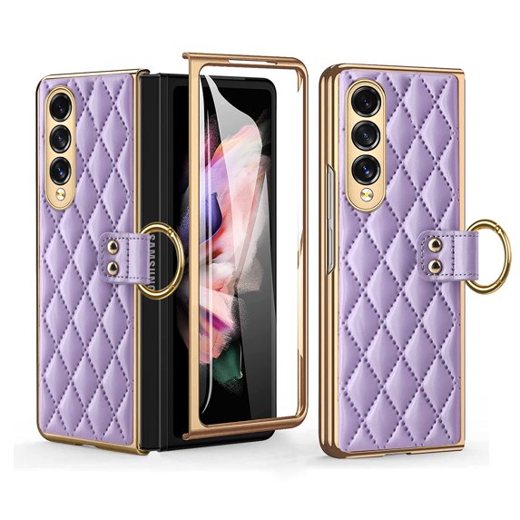 Allytech Galaxy Z Fold3 Case with Build-in Screen Protector, Premium PU Leather Cover with Ring Holder Shockproof Anti-Scratch Bumper Phone Case for Samsung Galaxy Z Fold3 - Purple