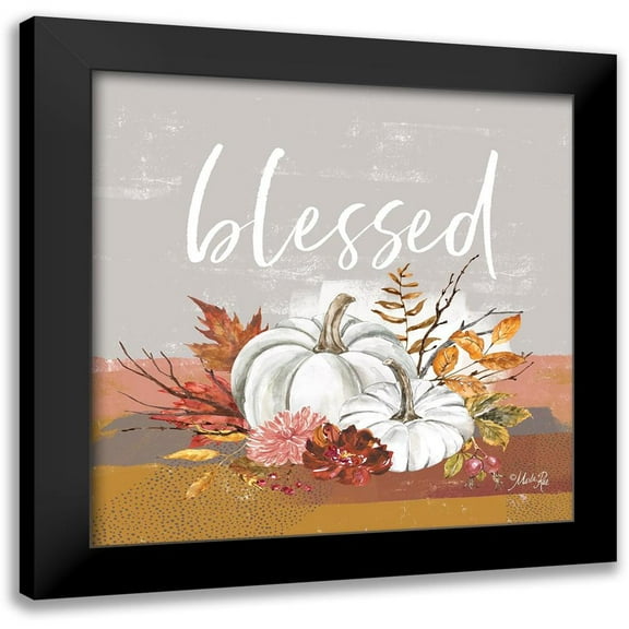 Rae, Marla 12x12 Black Modern Framed Museum Art Print Titled - Blessed Pumpkin and Fall Flowers
