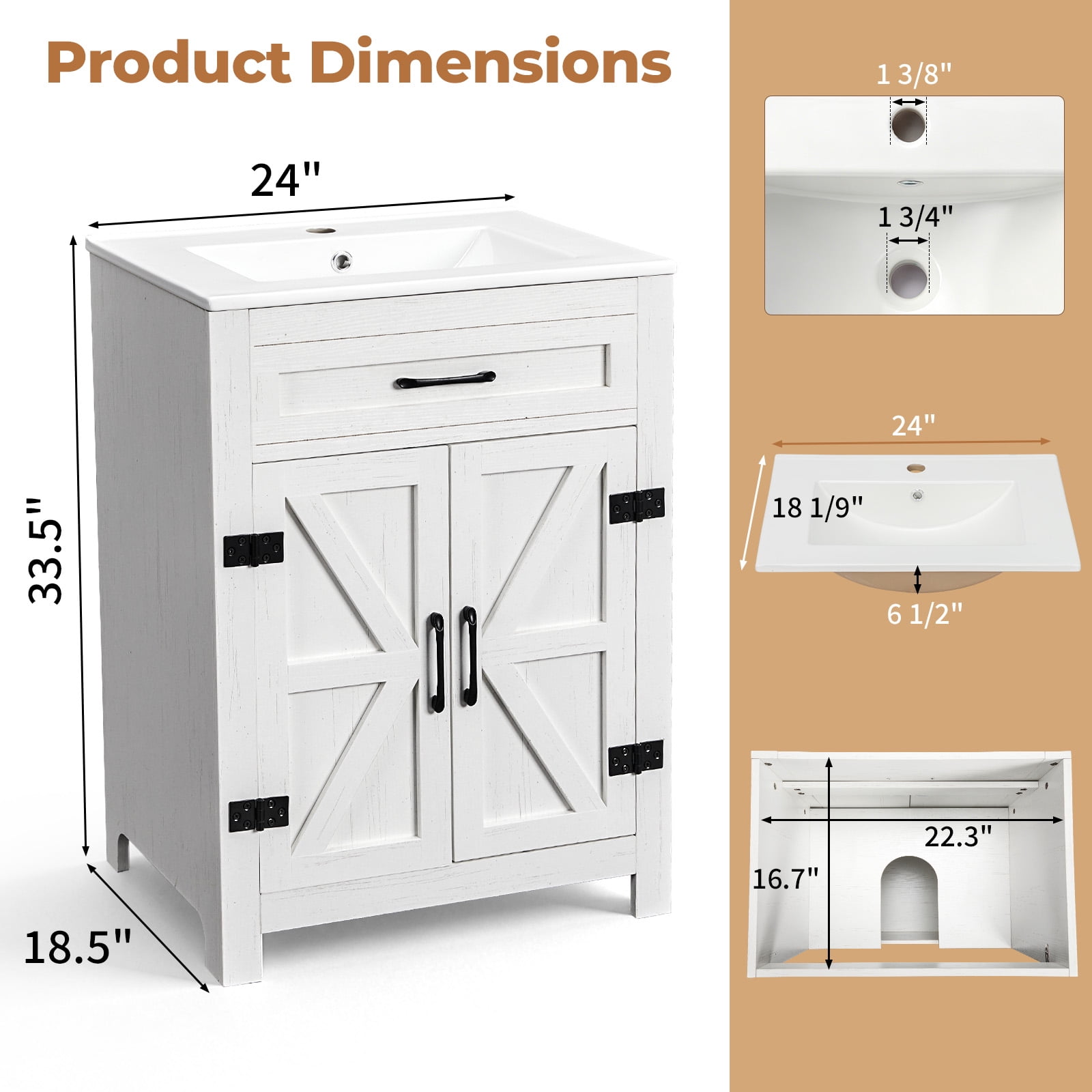 Ktaxon Farmhouse 24'' Bathroom Vanity Set with Sink Ceramic Top, Washed White (Split Two Packages for Delivery)