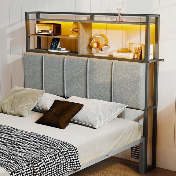 Anyhave Upholstered Headboard with 3-Tier Shelves, Charging Station & RGB LED, Twin