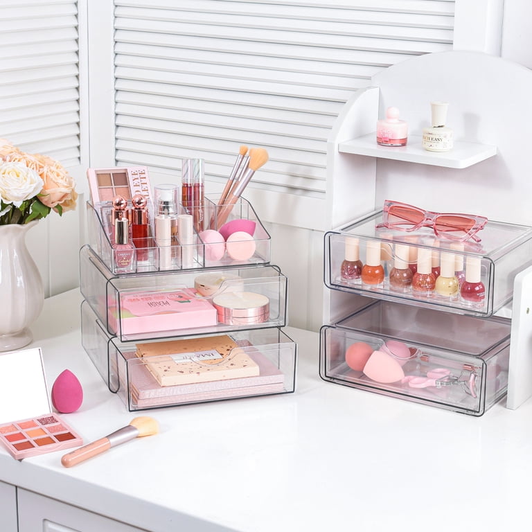 Vtopmart 4 Tier Clear Makeup Organizer with Drawer, Plastic Cosmetic Storage, Beauty Holder for Countertop and Vanity