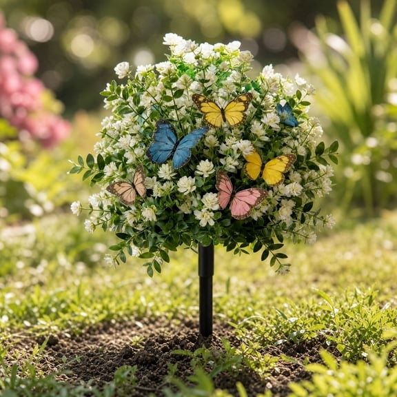Bcylexb Artificial Flowers for Outdoor, Lifelike Fake Butterfly Topiary Ball Faux White Flower Shrub with Ground Stake UV Resistant for Lawn Yard Patio Garden Decor