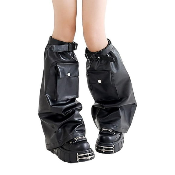 JZROCKER Women Punk Rock Faux Baggy Leg Warmers Long Socks Flared Black Boot Covers with Flap Pocket and Eyelet Strap