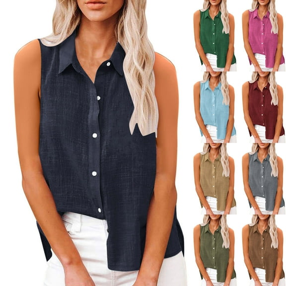 Wlynlyn Cotton Linen Shirts for Women Casual Button down Sleeveless Tops Casual Summer Loose Fitted Collared Beach Tshirts