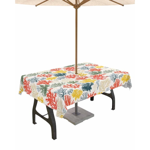 nqOlkjepod Red Green Coral Coastal Outdoor Tablecloth with Umbrella Hole & Zipper, Summer Beach Nautical Rectangle Table Cover 52x70 Inch, Dining Waterproof Table Cloth Protector for Patio/Party