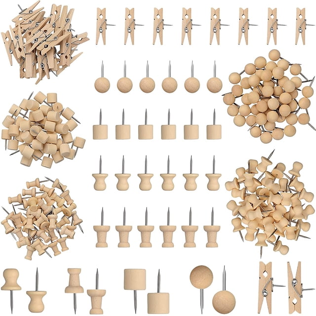 230 Piezas de Alfileres de Madera, Alfileres de Cabeza Redonda con Piezas Clips de Madera en Forma de Sombrero Alfileres de Cabeza de Madera Tachuelas de Pulgar con Punta de Acero para Tablones de