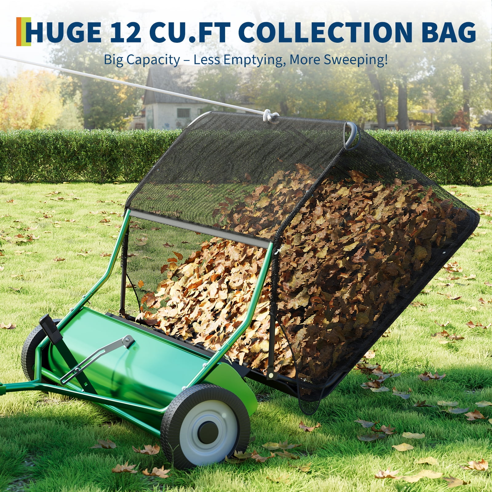 48-Inch Tow-Behind Leaf Collector, 26 Cubic Feet Hopper Lawn Sweeper with 4 Nylon Brushes, Universal Hitch for Lawn Tractors, Black