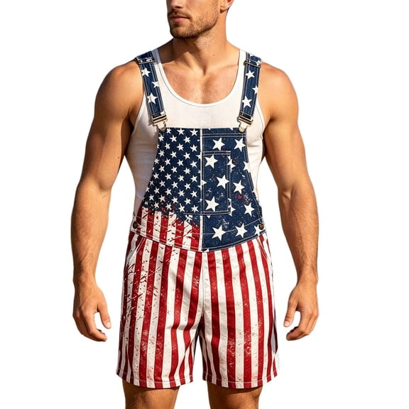 JAJAHO Coveralls For Men Bib Overalls Festival Shorts American Flag Printed Adjustable Straps Rompers 250 Years Anniversary Independence Day Outfit