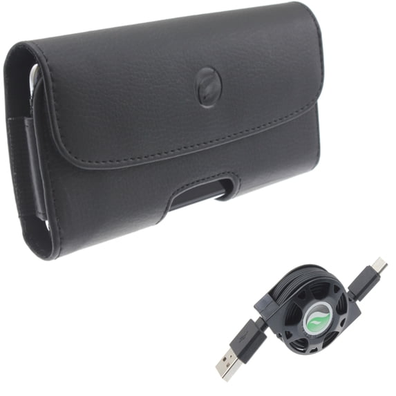 Case Belt Clip w USB-C Cable for Samsung Galaxy S22 Ultra,S21 Ultra,S20 Ultra,Plus - Leather Holster Cover, Retractable Type-C Charger Combo