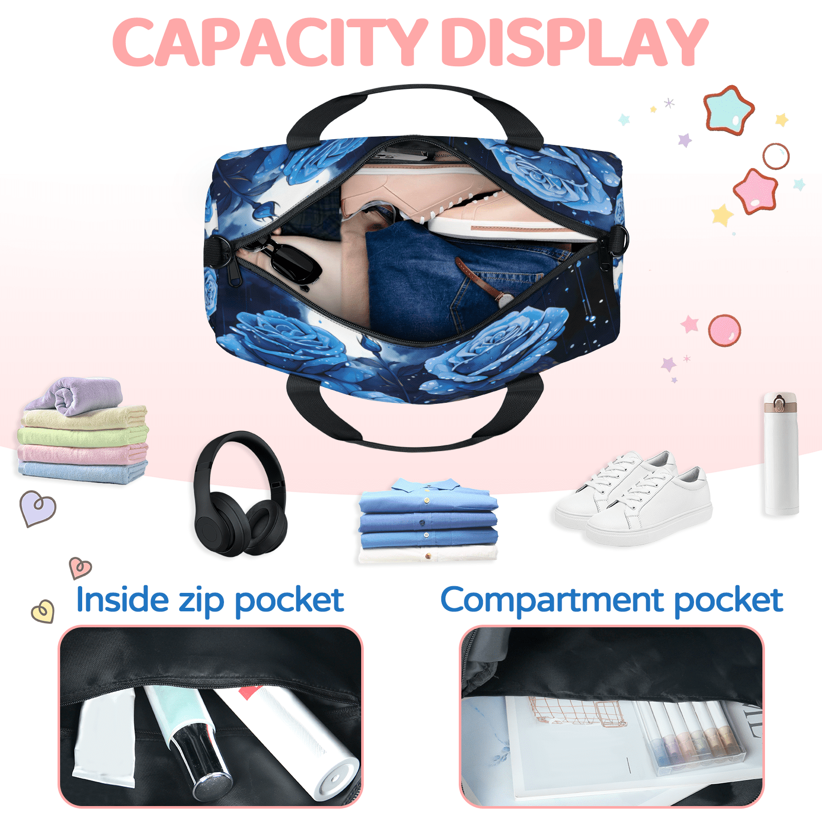 Herdesigns Blue Flower Travel Duffle Bag Sports Yoga Weekender Overnight Carry on Workout Bags Lightweight Waterproof Gym Tote Bag for Women