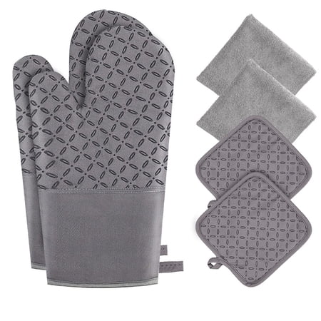 Oven Mitts and Pot Holders 6pcs Set Kitchen Oven Glove High Heat Resistant 500 Degree Extra Long Oven Mitts and Potholder with Non-Slip Silicone Surface for Cooking