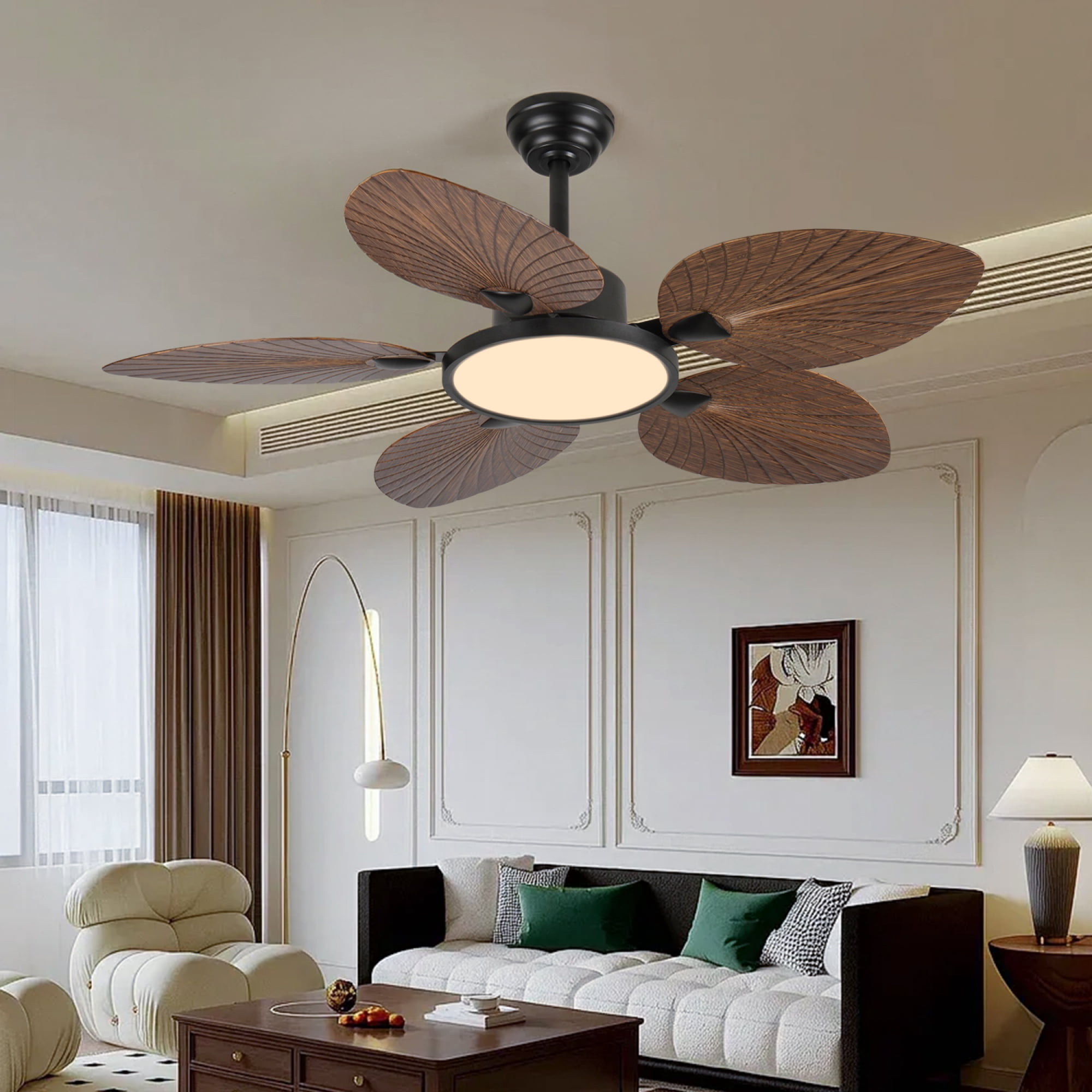 Jopath 52 Inch Tropical Palm Leaf Ceiling Fan with Lights and Remote Control,5 Blades Silent DC Motor for Bedroom Indoor/Outdoor Use Amber