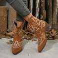 thumbnail image 2 of Womens Retro Cowboy Boots Vintage Suede Embroidered Wide Mid Calf Cowgirl Boots Chunky Heel Slip on Short Dress Booties for Winter Fall Brown Size 9, 2 of 6
