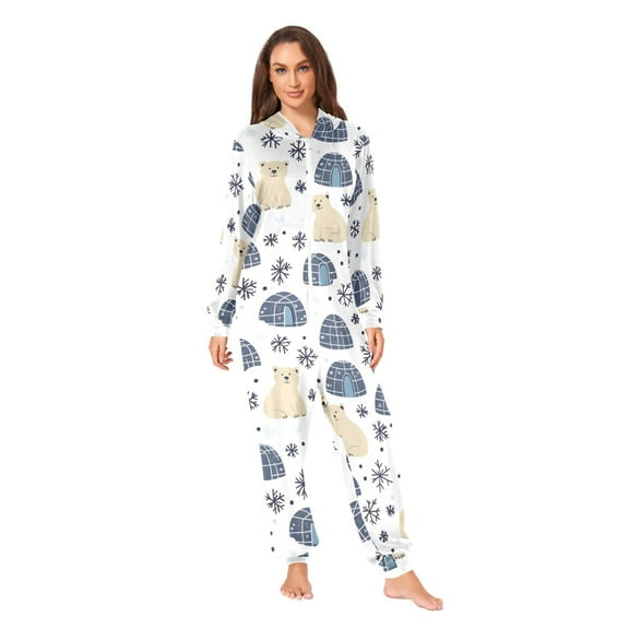 Polar Bears Snowflakes Pattern Adult onesie Pajamas, Crystal Velvet Ultra Soft Warm Jumpsuit for Men and Women